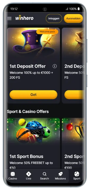 Winhero Casino — Casino- en Sportbonussen Winhero Casino bonuspagina met eerste stortingsbonus van 100% tot €1.000 plus 200 free spins en sportbonussen met 50% freebet