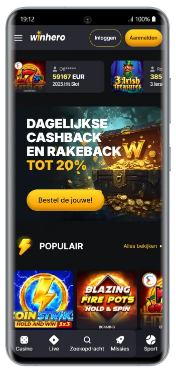 Winhero Casino — Dagelijkse Cashback en Rakeback Winhero Casino mobiele interface met dagelijkse cashback en rakeback tot 20% en een overzicht van populaire gokkasten