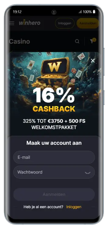 Winhero Casino — Registratie en Welkomstbonus Winhero Casino registratiescherm met 16% cashback aanbieding en welkomstpakket van 325% tot €3.750 plus 500 free spins